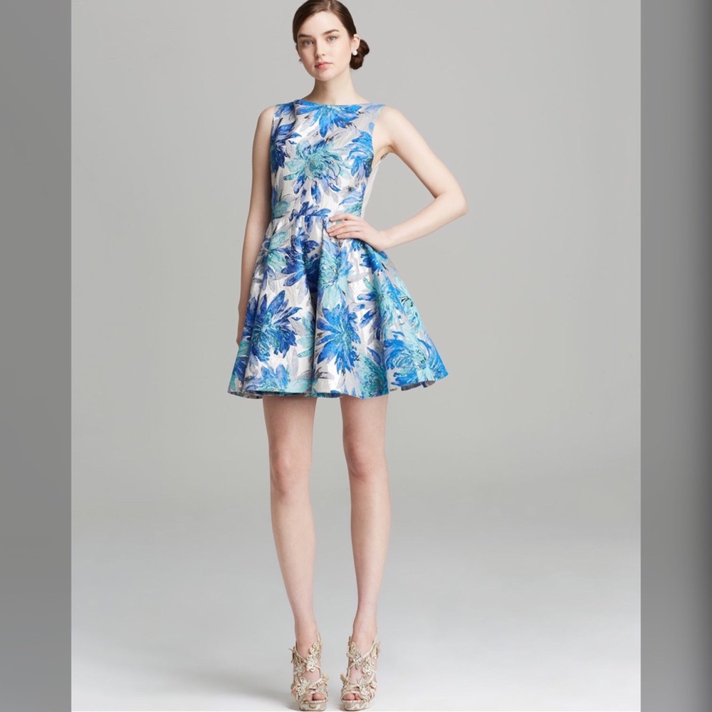 Alice + Olivia Blue Floral Jacquard Foss Dress